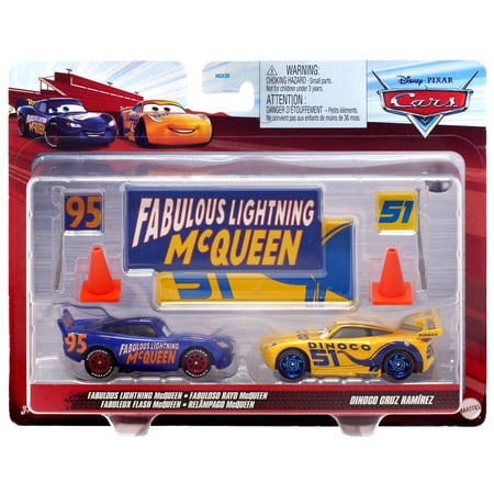 Mattel Disney/Pixel McQueen & Dinoco Cruz Ramirez Diecast Car, Blue/Yellow, (Pack of 2)