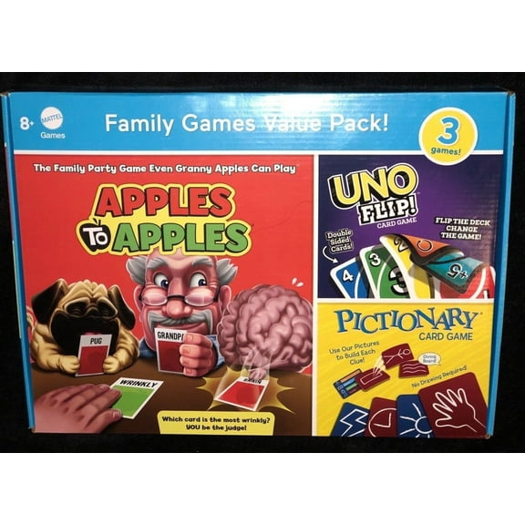 Mattel Games Family Fun Pack, Pack of Three Games: Apples to Apples, Uno Flip, and Pictionary