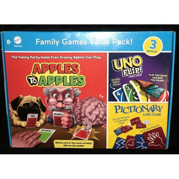 Mattel Games Family Fun Pack, Pack of Three Games: Apples to Apples, Uno Flip, and Pictionary