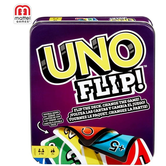 Mattel Games UNO FLIP! Family Card Game, with 112 Cards in a Sturdy Storage Tin, Makes a Great Gift for 7 Year Olds and Up
