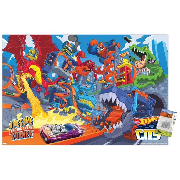 Mattel Hot Wheels - Awesome Around Every Corner Wall Poster with Pushpins, 22.375" x 34"