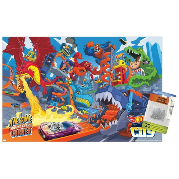 Mattel Hot Wheels - Awesome Around Every Corner Wall Poster with Push Pins, 14.725" x 22.375"