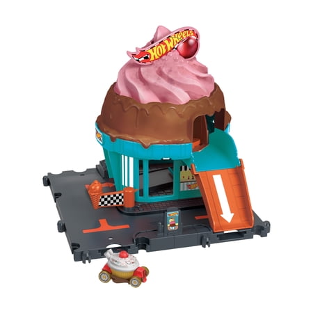 Hot Wheels City Downtown Ice Cream Swirl Playset from the series "Let's Race" with 1 Toy Car