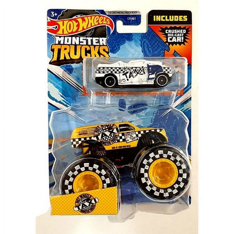 Hot Wheels Monster Trucks Veículo de Brinquedo Taxi Die Cast Blind Sided  Taxi Crushed