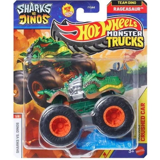 Mattel - Hot Wheels Monster Truck & Car - Sharks vs. Dinos - RAGEASAUR & CRUSHED CAR [Team Dino]