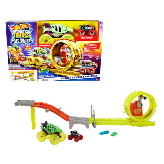 Hot Wheels Monster Trucks Power Smashers Charge & Chase Challenge Track Set with Oversized Skelesaurus, 1:64 Scale Bone Shaker & 2 Crushed Cars