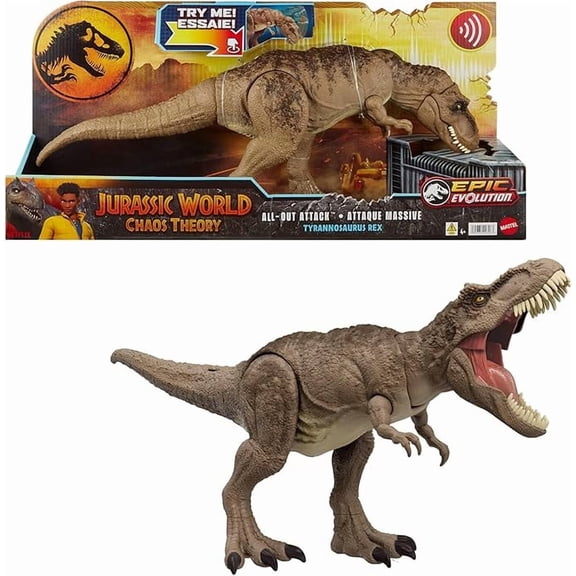 Mattel Jurassic World All-Out Attack Tyrannosaurus Rex Dinosaur Action Figure Toy, T. rex with Rampage Attack, Chomp & Roar & Evolved Spikes, Digital Play