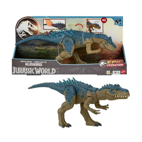 Mattel Jurassic World Ruthless Rampagin Allosaurus Dinosaur Toy, Epic Evolution, Action Figure with Continuous Chomp Attack & Roar Sounds, Button Activated Evolved Battle Spikes
