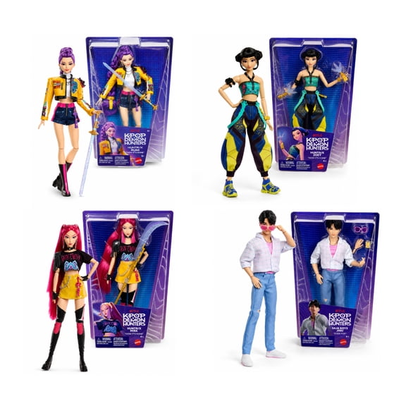 Mattel KPop Demon Hunters HUNTR/X Fashion Dolls (Rumi, Zoey, Mira) and Jinu from Saja Boys with Accessories