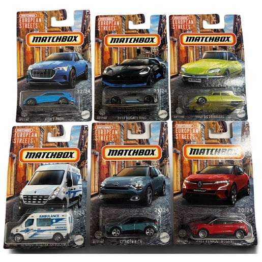 Mattel - Matchbox 2024 European Streets - SET OF 6 [Bugatti Divo, Audi E-Tron, Megane, Ambulance +3]