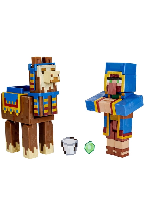 Mattel Minecraft Craft-A-Block Wandering Trader & Llama Action Figure Set, 2 Pieces