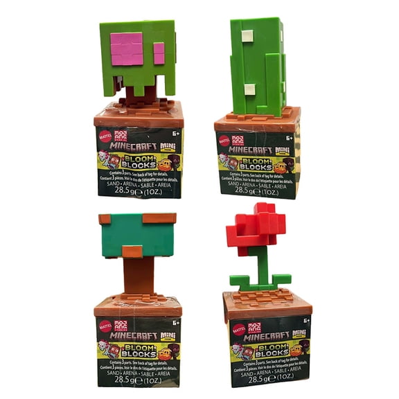 Mattel Minecraft Mini Mode - Bloom Blocks - SET OF 4 (Cactus, Azalea, Poppy & Warped Mushroom)