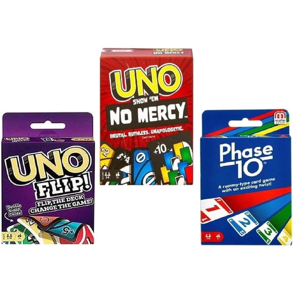 Mattel No Mercy, Uno Flip and Phase 10, Combo Pack of 3 Card Game