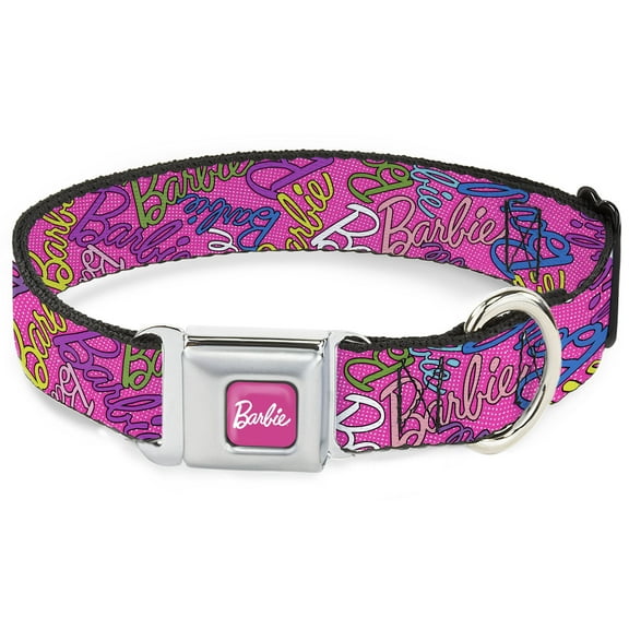 Mattel Pet Collar, Dog Collar Metal Seatbelt Buckle, Barbie Script Signature Scattered Pink Multi Color, 9.5 to 13 Inches 1.0 Inch Wide