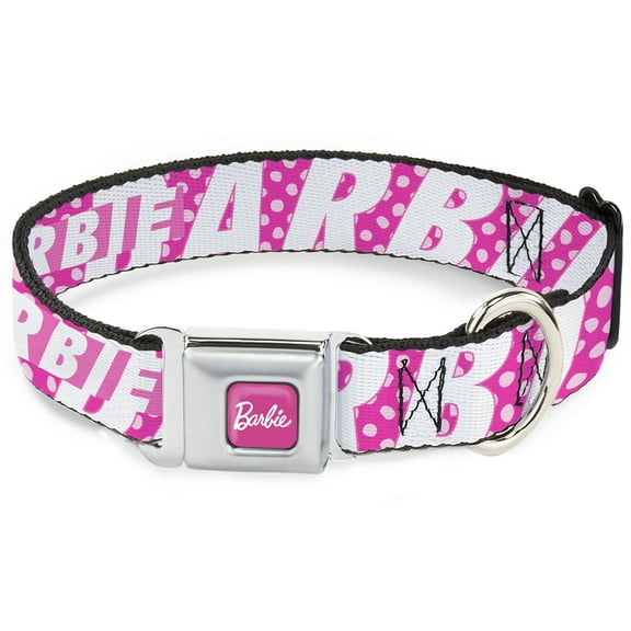 Mattel Pet Collar, Dog Collar Metal Seatbelt Buckle, Barbie Text and Polka Dots Pinks White, 9.5 to 13 Inches 1.0 Inch Wide