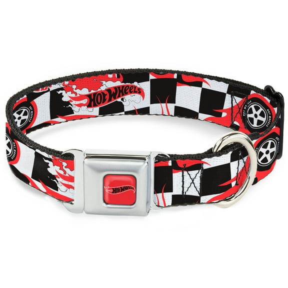 Mattel Pet Collar, Dog Collar Metal Seatbelt Buckle, Hot Wheels Logo And Tire Burn Out Checker Black White, 9.5 to 13 Inches 1.0 Inch Wide