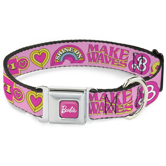 Mattel Pet Collar, Dog Collar Metal Seatbelt Buckle, Malibu Barbie 1971 Icons and Quotes Pinks Yellows, 16 to 23 Inches 1.5 Inch Wide