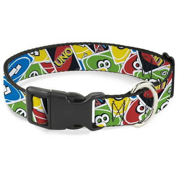 Mattel Pet Collar, Dog Collar Plastic Buckle, UNO Cards Stacked Collage Multi Color, 7 to 8.5 Inches 0.5 Inch Wide
