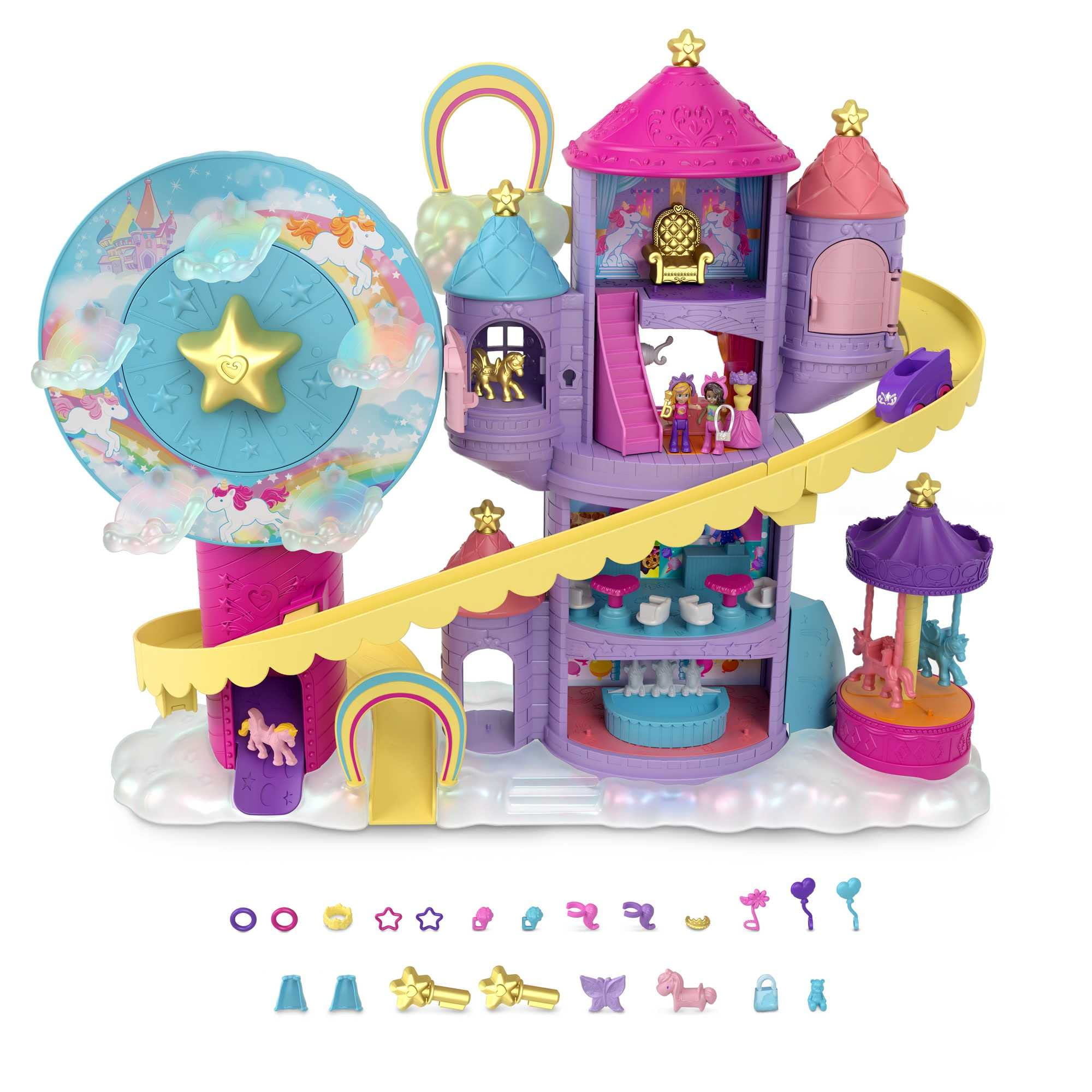 Mattel Polly Pocket Rainbow Funland Theme Park, 3 Rides, 7 Play Areas,  Polly and Shani Dolls, 2 Unicorns & 25 Surprise Accessories (30 Total Play 
