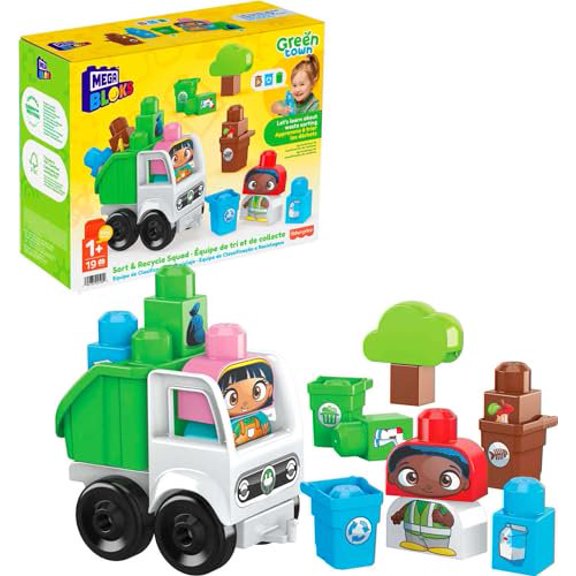 Mega BLOKS Fisher-Price Toddler Building Blocks, Green Town Sort & Recycle Squad with 15 Pieces, 2 Figures, Toy Gift Ideas for Kids
