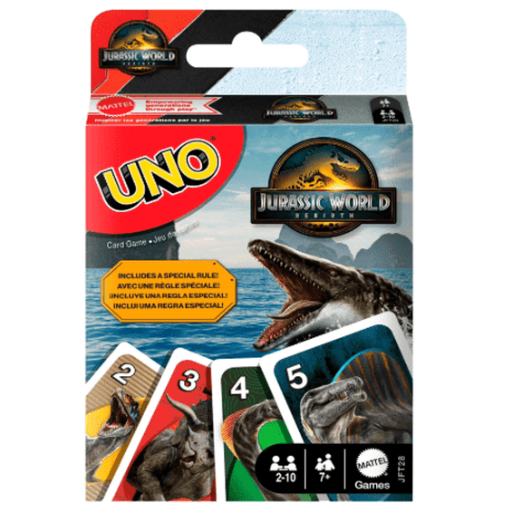 Mattel UNO Jurassic World Rebirth Card Game | Family Night | T. Rex Special Rule | Ages 7+