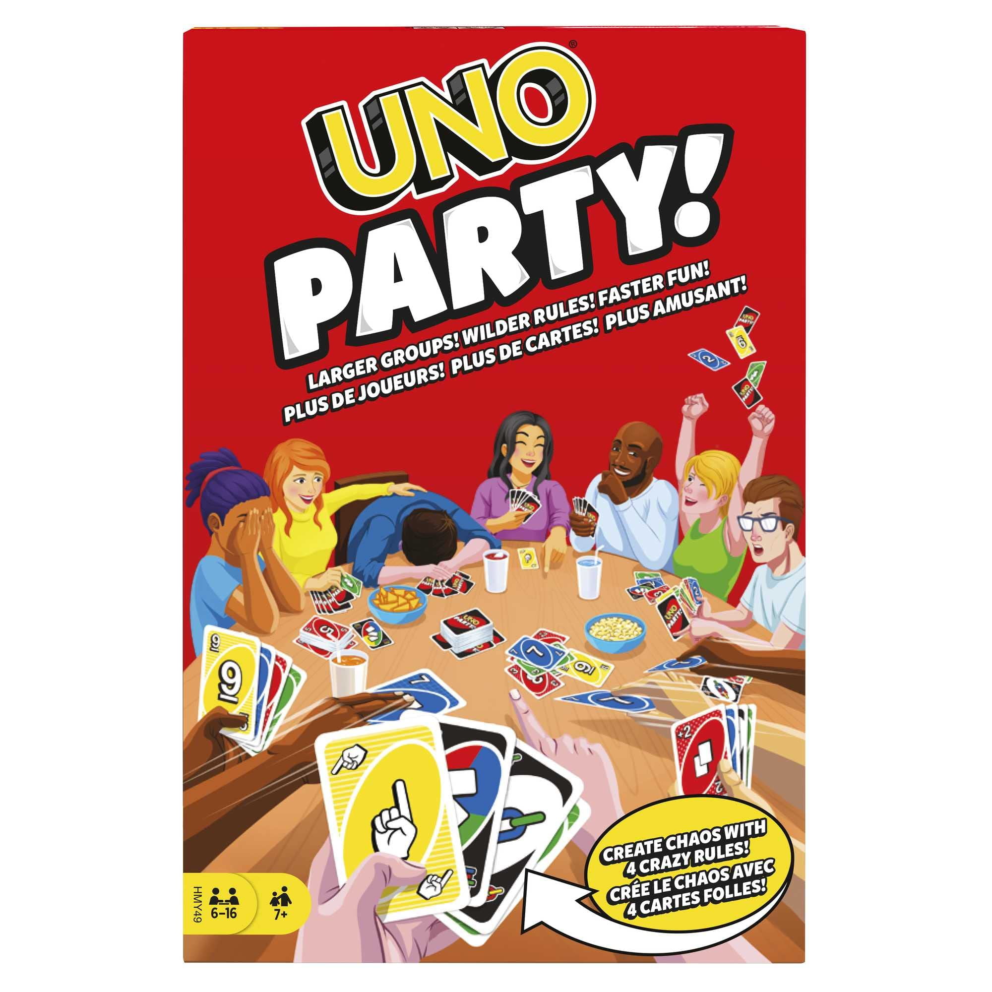 Mattel UNO Party Card Game Larger Groups Wilder Rules Faster Fun 6 to 16 Players