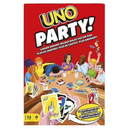 Mattel UNO Party Card Game Larger Groups Wilder Rules Faster Fun 6 to 16 Players
