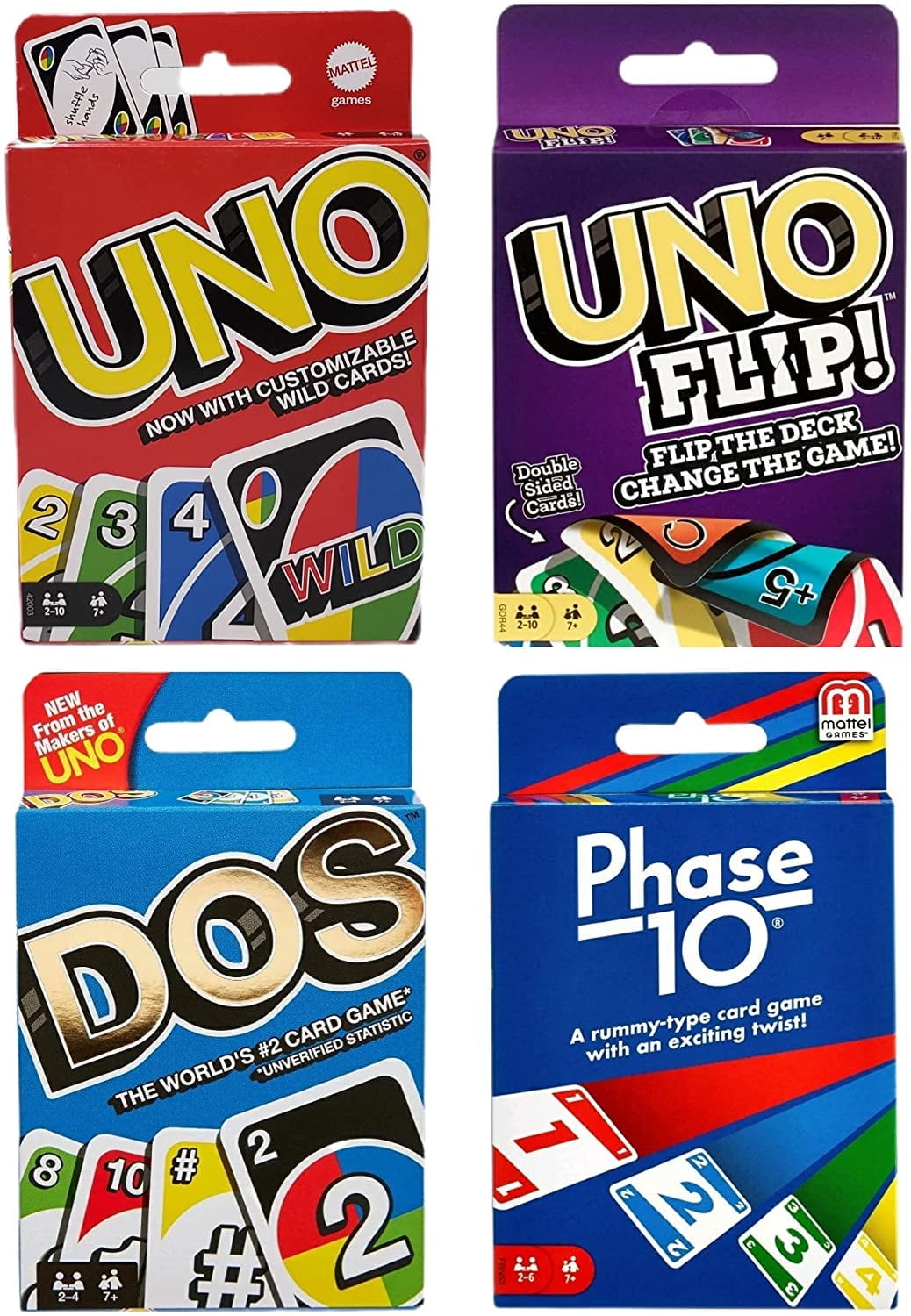 Mattel Uno, Dos, Uno Flip, and Phase 10 Mattel Family Card Game, 4 Count