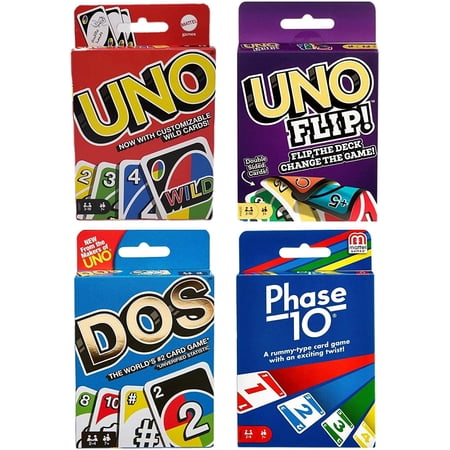 Mattel Uno, Dos, Uno Flip, and Phase 10 Mattel Family Card Game, 4 Count