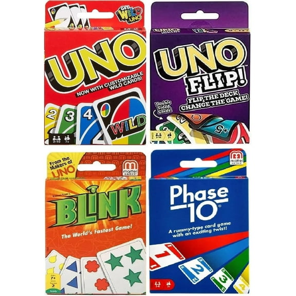 Mattel Uno, Flip, Blink and Phase 10 Card Game, Combo Pack of 4