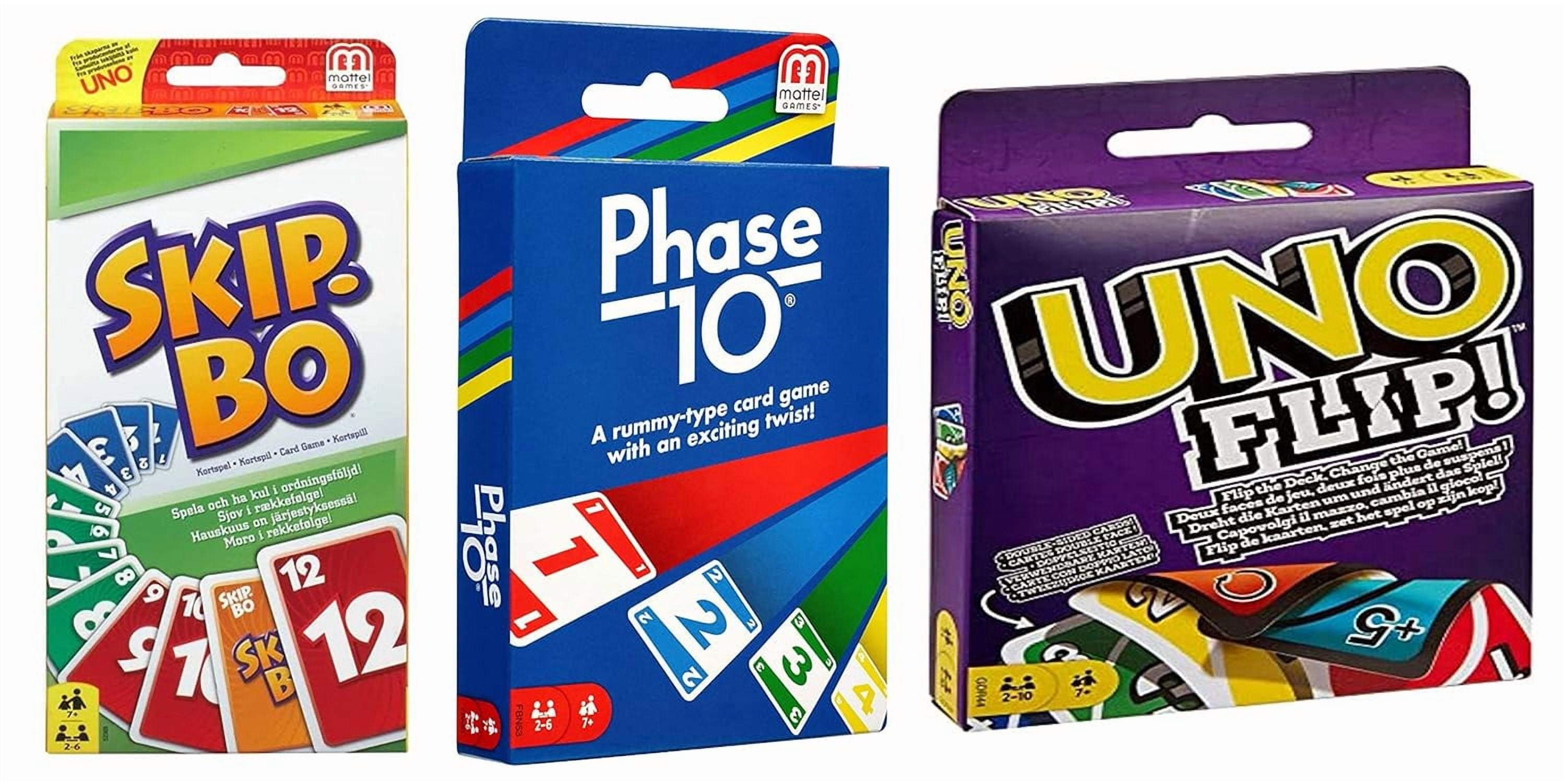 Mattel Uno Flip Side + Phase 10 Card Game, Multicolour + Skip-Bo Card Game - Set Of 3 Toys, Rummy Type Card Game With A Challenging & Exciting Twist