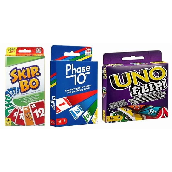 Mattel Uno Flip Side + Phase 10 Card Game, Multicolour + Skip-Bo Card Game - Set Of 3 Toys, Rummy Type Card Game With A Challenging & Exciting Twist