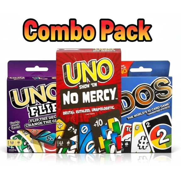 Mattel Uno No Mercy, Flip and Dos Card Game, Combo Pack of 3
