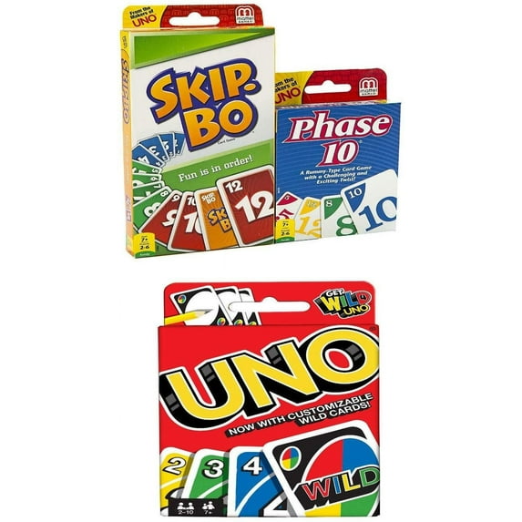 Mattel Uno Skip Bo Phase 10 Combo Card Game Pack, 3 Games, 108 Cards, 162 Cards, 112 Cards