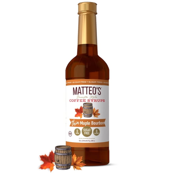 Matteo's Sugar Free Maple Bourbon Coffee Syrups 33.8oz (Single bottle)