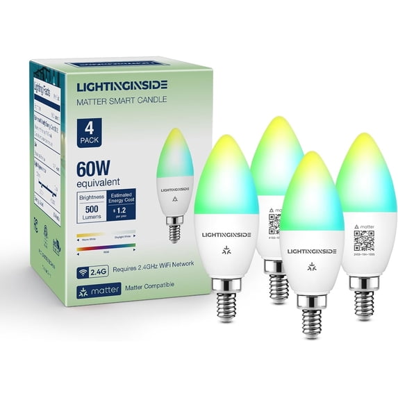 Matter Candelabra Smart Light Bulbs 60W Equivalent, Candle E12 LED Bulb Compatible with Alexa/Siri/Apple Home/Google Home/SmartThings, RGBCW, 2.4G WiFi, ETL Listed, Hub Required, 4PCS