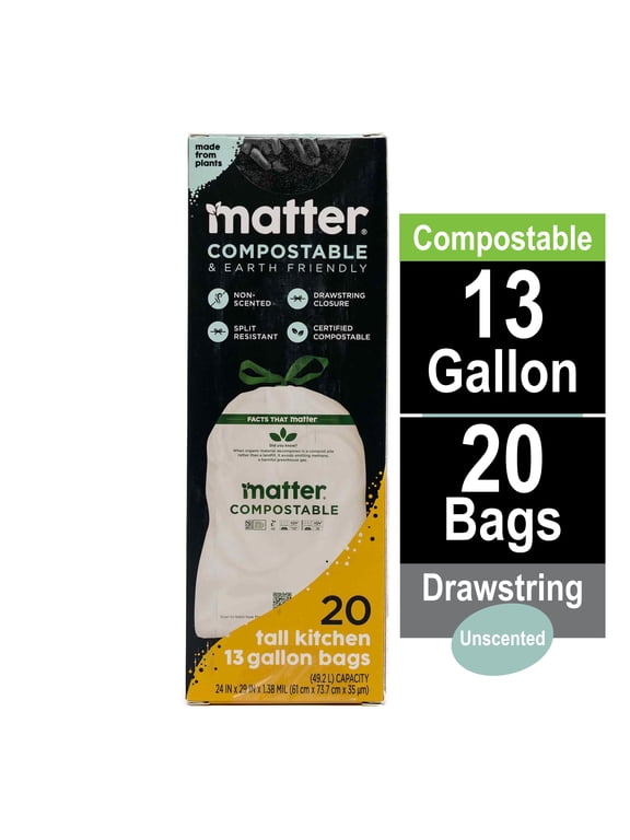 Compostable 13-Gallon Tall Kitchen Trash Bags with Drawstring, 20 Count