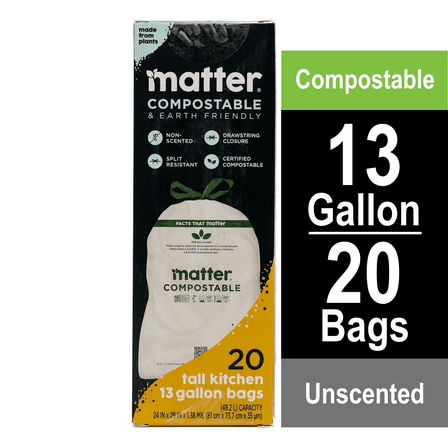 Matter Compostable 13-Gallon Tall Kitchen Trash Bags with Drawstring, 20 Count