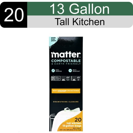 Matter Compostable 13-Gallon Drawstring Tall Kitchen Trash Bags, 20 Bags
