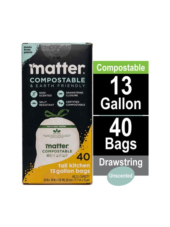 Compostable 13-Gallon Tall Kitchen Trash Bags with Drawstring, 40 Count