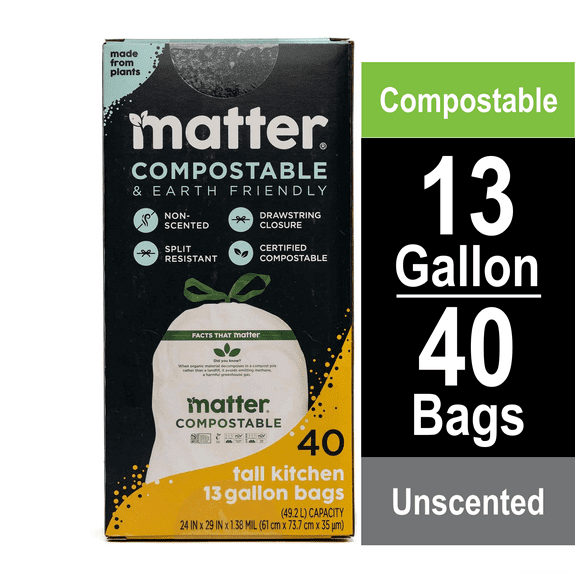 Matter Compostable 13-Gallon Tall Kitchen Trash Bags with Drawstring, 40 Count