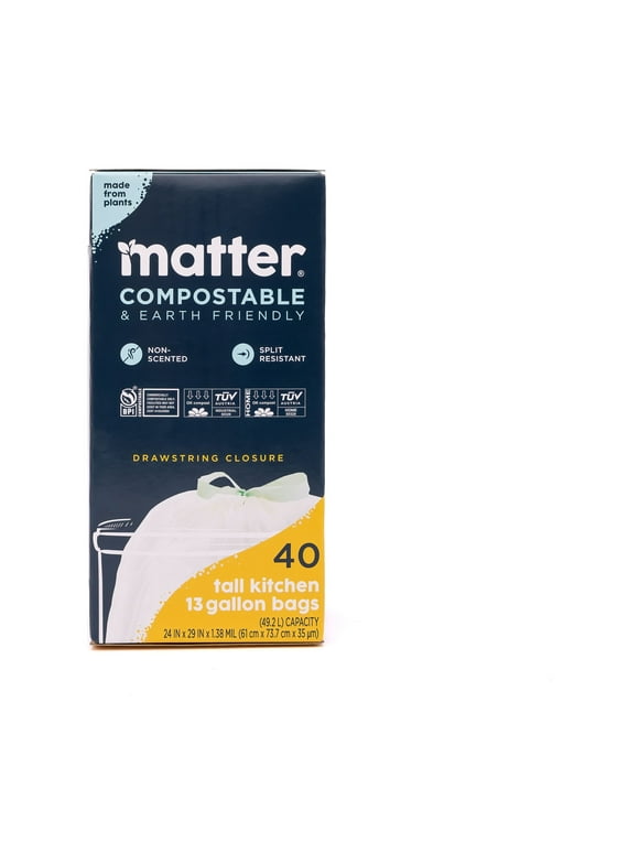 Matter Compostable 13-Gallon Drawstring Tall Kitchen Trash Waste Bags, 40 Bags