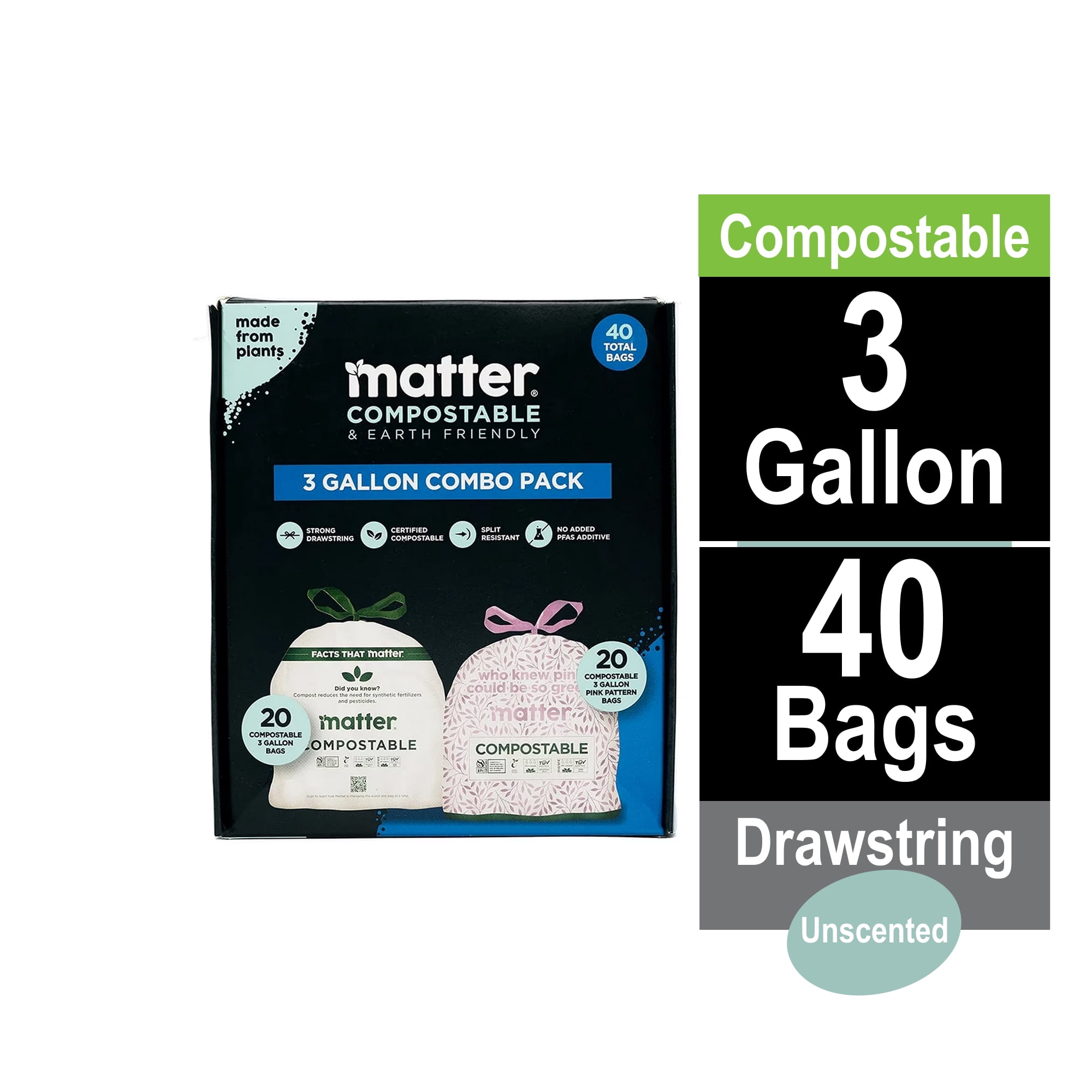 Matter Compostable 3-Gallon Food Scrap Bags  Drawstring Kitchen Trash Bags  Certified Compostable, Leak-Resistant, 40 Count Combo Pack