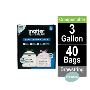 Matter Compostable 3-Gallon Food Scrap Bags – Drawstring Kitchen Trash Bags – Certified Compostable, Leak-Resistant, 40 Count Combo Pack
