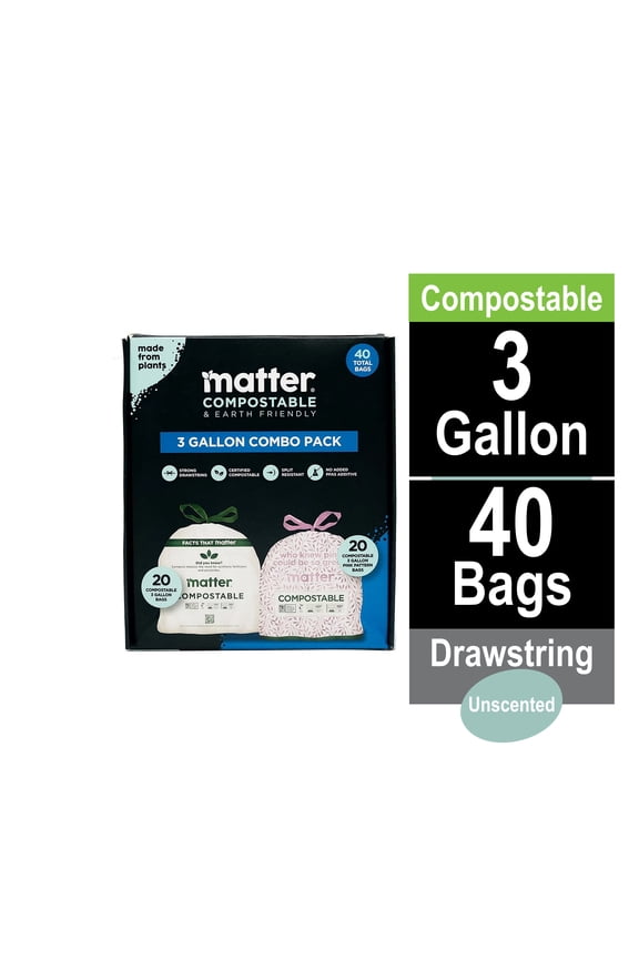 Compostable 3-Gallon Food Scrap Bags – Drawstring Kitchen Trash Bags – Certified Compostable, Leak-Resistant, 40 Count Combo Pack