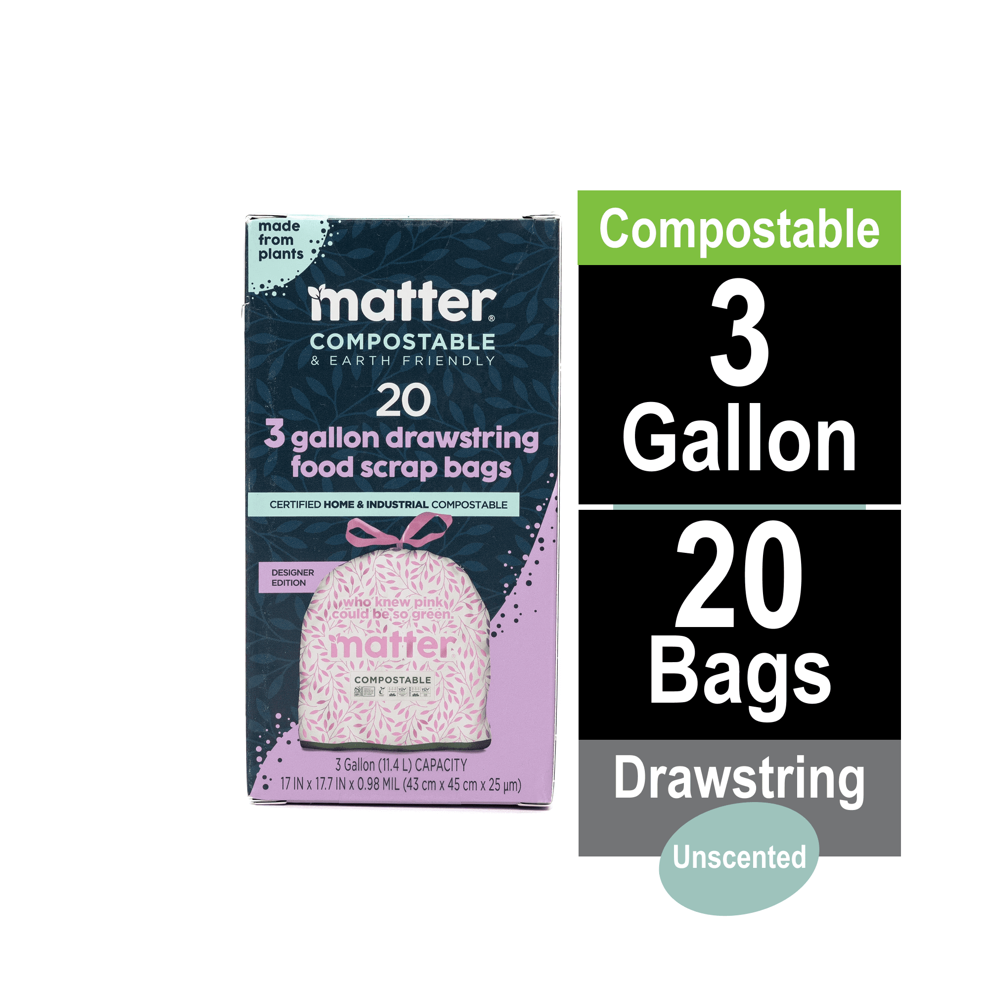 Matter Compostable 3-Gallon Drawstring Food Scrap Bags, Pink, 20 Count