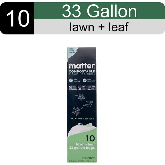 Matter Compostable 33-Gallon Lawn & Leaf Trash Bags with Drawstring Handles, 10 Count