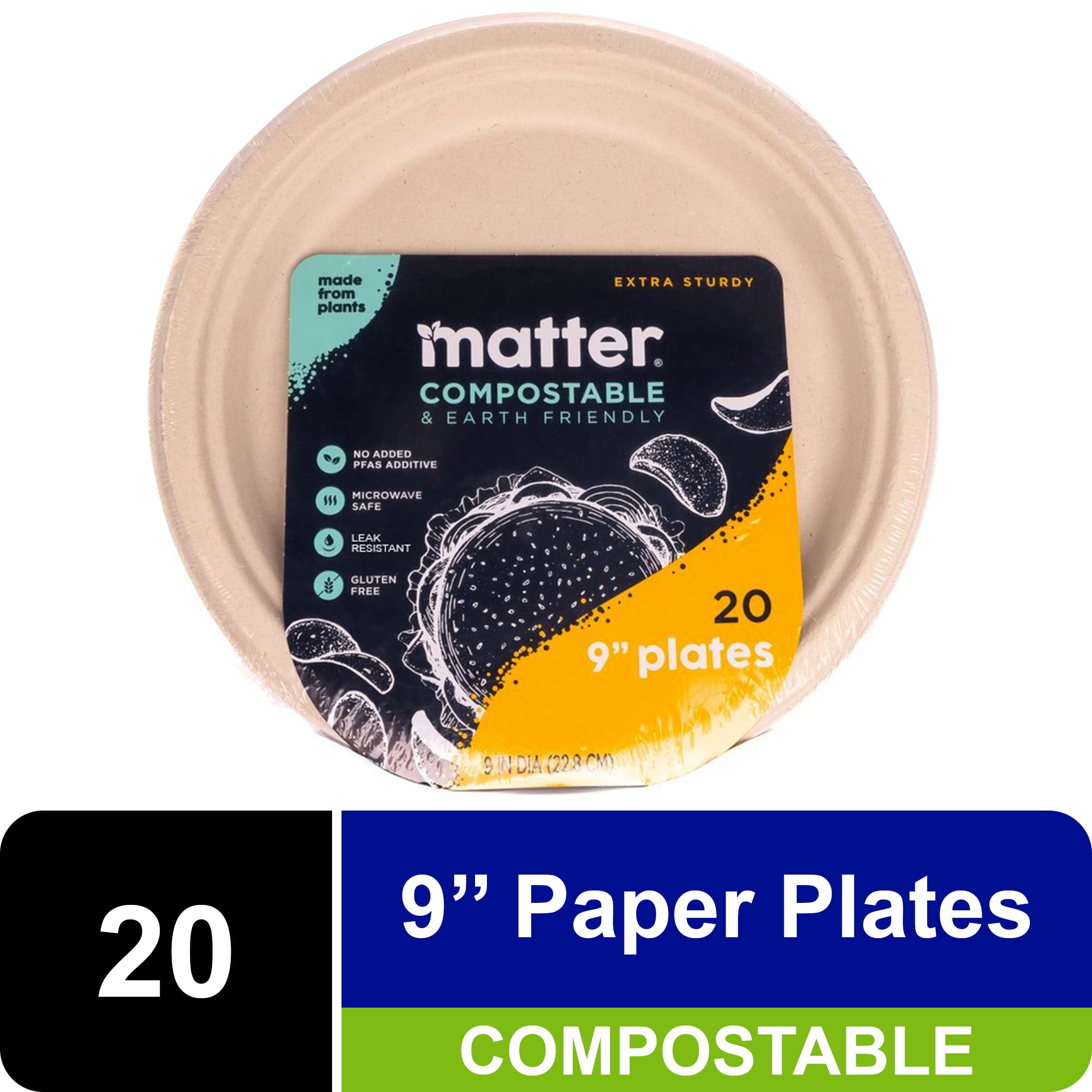 Matter Compostable Dinner Plant-Based Fiber Disposable Paper Plates, 9"-20 Count