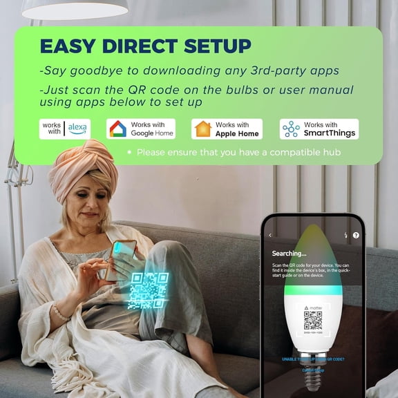 Matter E12 Smart Light Bulbs 60W Equiv., Compatible with Alexa/Apple Home/Google Home/SmartThings, RGBCW Candle Candelabra Chandelier Bulb, 2.4G WiFi, ETL Listed, Hub Required, 4PCS