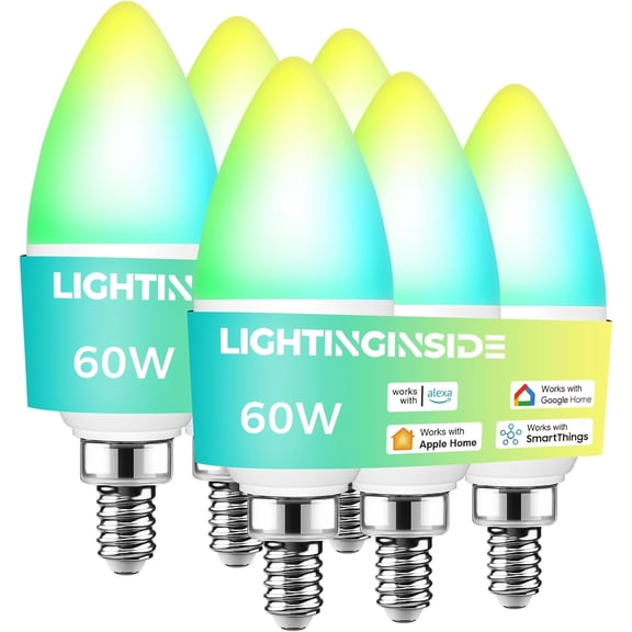 Matter-Enabled E12 Smart Light Bulbs 60W Equivalent, Candelabra Light Bulbs Compatible with Alexa/Apple Home/Google Home/SmartThings, RGBCW, 2.4G WiFi, ETL Listed, Hub Required, 6PCS